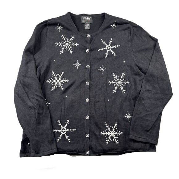 Designers Originals Women Snowflake Sweater Button Front Cardigan Black XL I191 - Picture 1 of 8